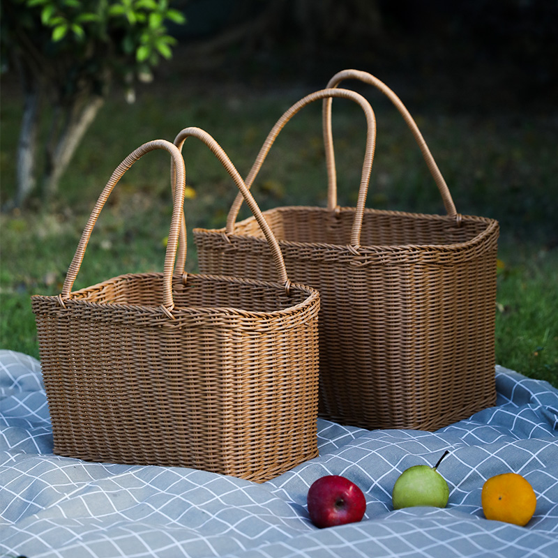 环保中式提手篮野餐篮子编织水果篮户外车载大号购物袋装饰道具