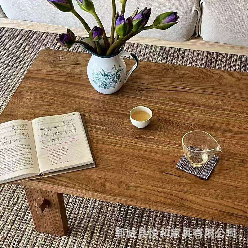 老榆木茶桌中古风客厅实木茶几禅意茶台飘窗桌子风化老门板茶桌