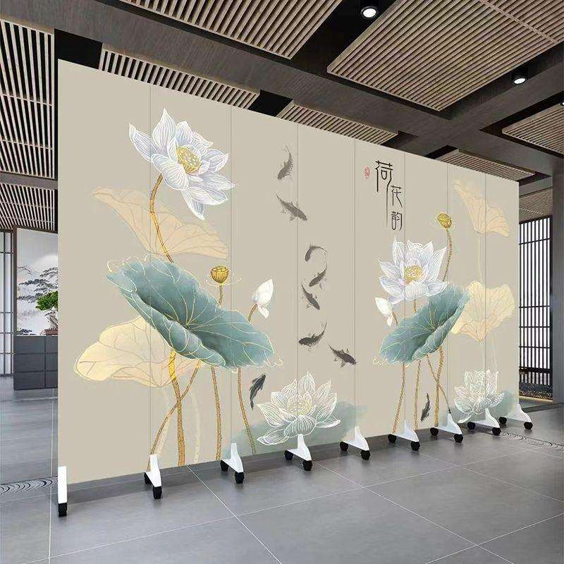 淡雅荷花中式屏风隔断简约客厅茶馆客厅养生馆餐厅家用可移动屏风
