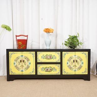 中式实木电视柜复古仿古客厅地柜矮柜彩绘边柜茶几电视柜组合现货