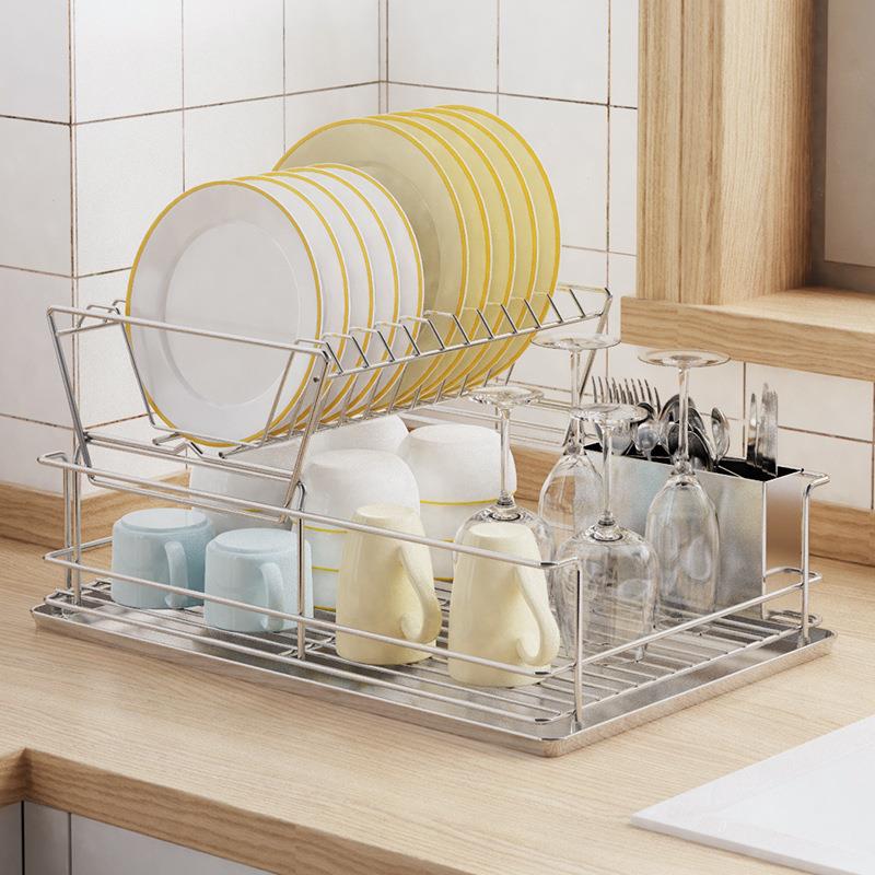 双层不锈钢厨房碗碟杯架置物沥水架带接水盘餐具篮收纳整理架