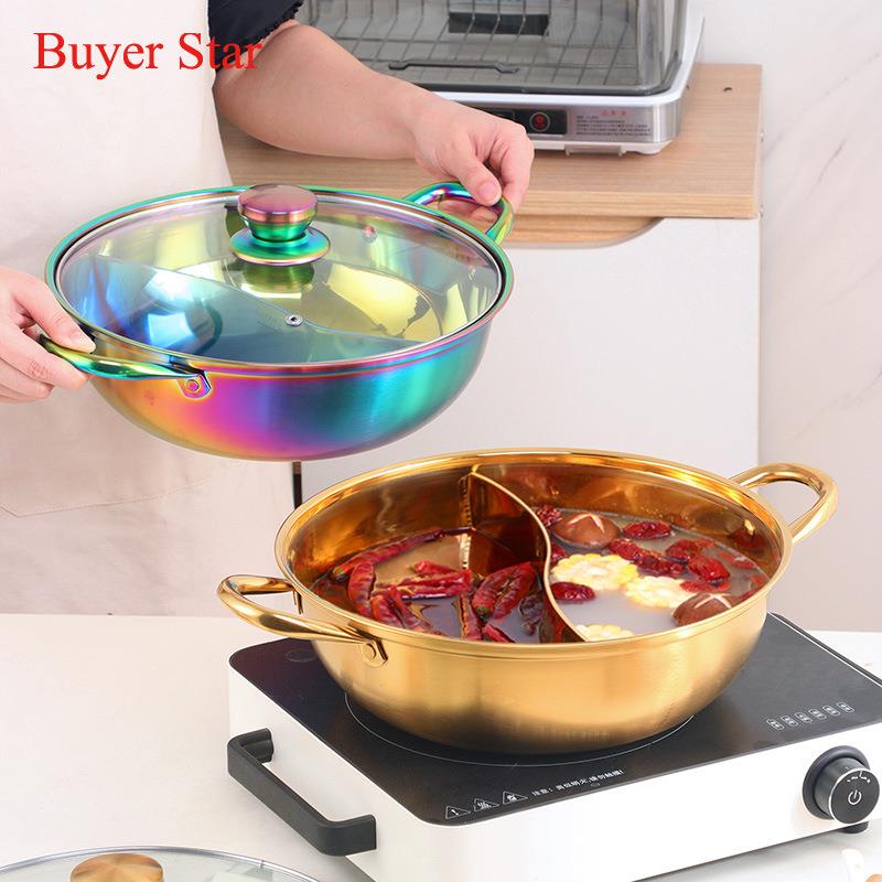 304不锈钢鸳鸯锅火锅家用涮涮锅餐饮汤锅火锅盆带盖分格二味S格