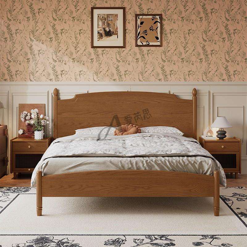 北欧复古全实木床美式红橡木1.8m双人床主卧中古风1.5m卧室储物床