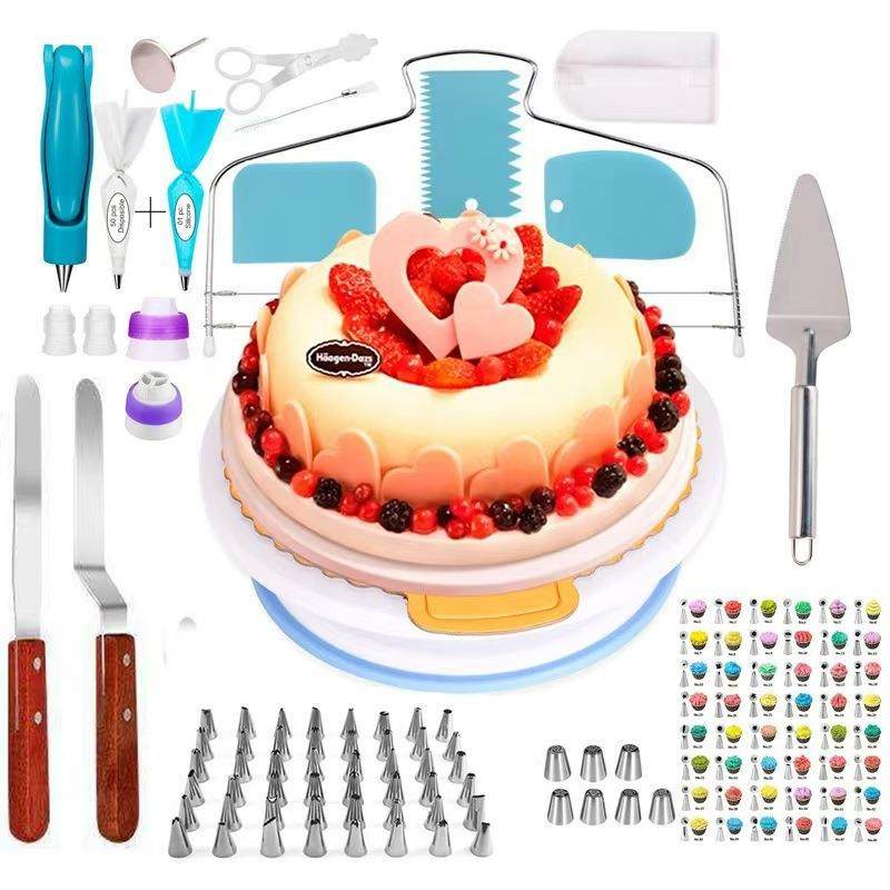 亚马逊124件套蛋糕转台 蛋糕裱花嘴裱花袋 奶油刮板 蛋糕转盘