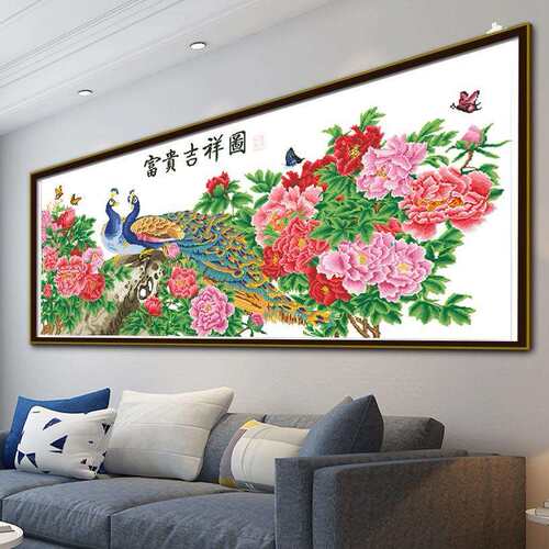 双孔雀十字绣新中式客厅装饰画牡丹花富贵吉祥蓝孔雀印花手工刺绣