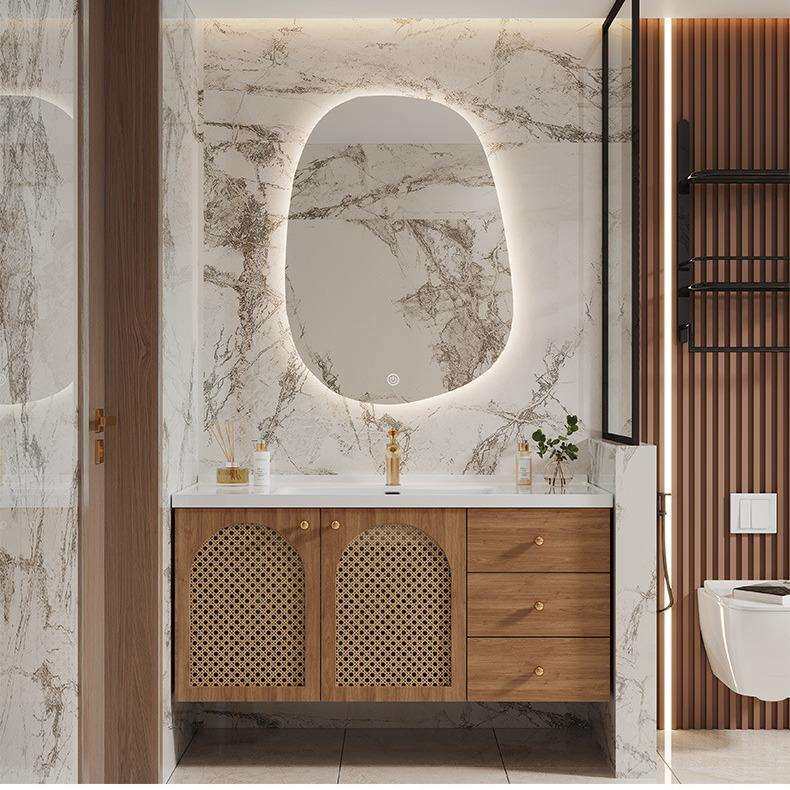 日式原木风浴室柜藤编组合一体陶瓷盆卫生间洗手洗漱台橡木简约风