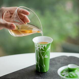 雍正绿纯手绘翠竹聚香杯家用主人杯单个陶瓷闻香杯个人杯