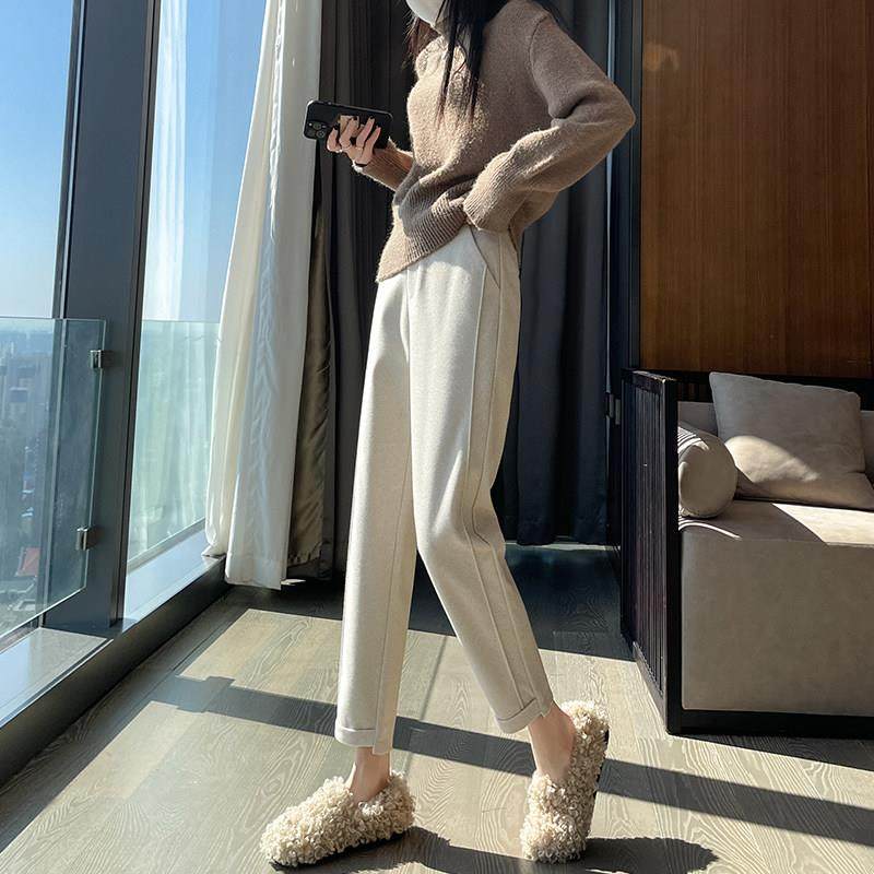 加绒呢子女秋冬季裤小个子毛腰休闲宽松直筒西装高裤八IOM九分烟
