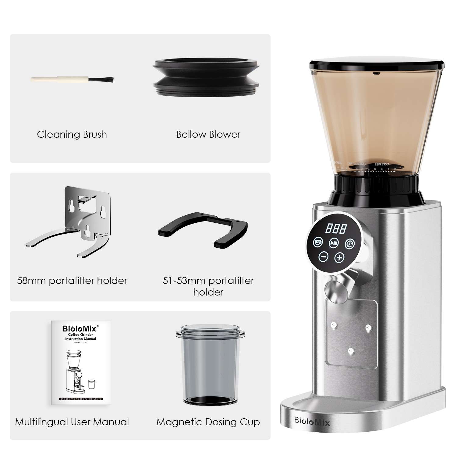 BioloMix不锈钢锥盘咖啡研磨机磨豆机磨粉机Burr coffee grinder
