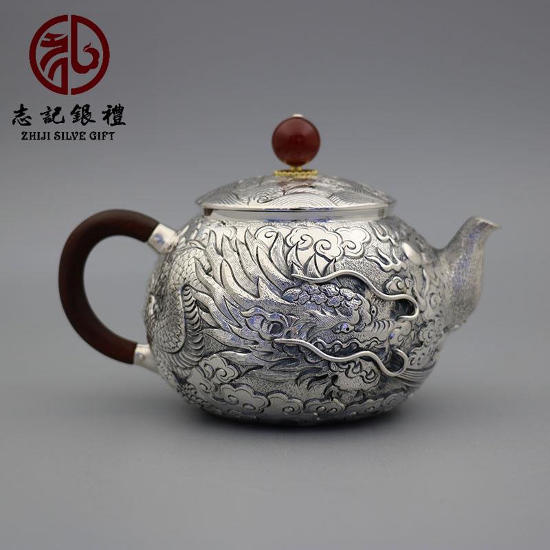 纯手工泡茶壶祥云飞龙浮雕錾刻过滤茶漏龙须水壶家居茶具高端精品