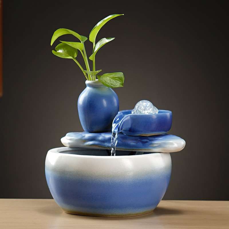 中式禅意陶瓷财源滚滚流水摆件窑变蓝造景装饰循环假山出流水加湿