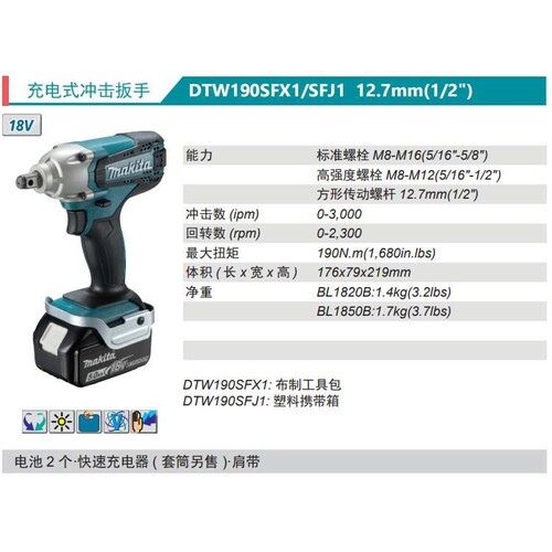 牧田Makita充电式电动扳手DTW190SFX1/SFJ1/Z/STJ1锂电18V