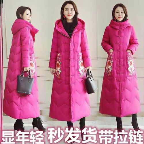 中国风羽绒棉服女中长款2024新款刺绣过膝棉袄中式风棉衣加厚冬装