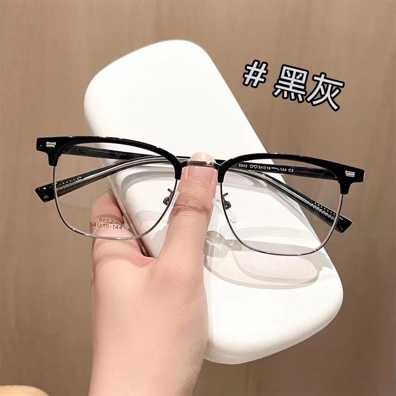 复古眉毛半框近视眼镜框男款可配度数防蓝光白色眼睛架女大脸9882