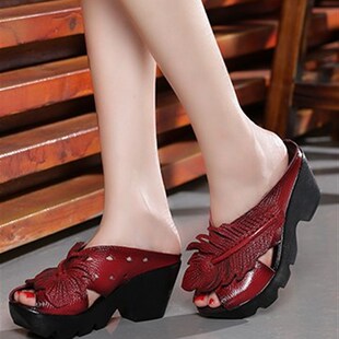 春夏新款民族风妈妈鞋凉拖坡跟厚底拖鞋鱼嘴一字凉鞋高跟女鞋红鞋