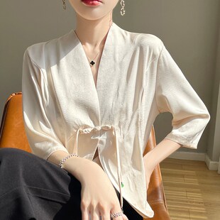 丝绸缎面2024夏季女装新款西服短款中国风盘扣七分袖印花上衣外套