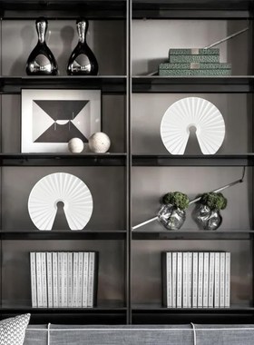 新中式创意陶瓷扇形摆件样板间酒柜玄关办公室现代轻奢装饰品摆设