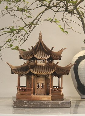 中国古建筑木模型中式古代木质拼装建筑成品古铜色模型摆件