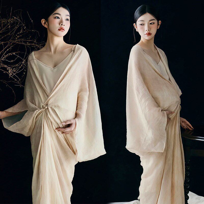 影楼新款孕妇拍照服装新中式国风禅意v领连衣裙古风设计感摄影服