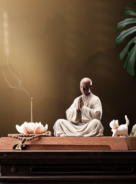 中式禅意小和尚摆件创意陶瓷茶摆设书房小沙弥茶桌桌面装饰品