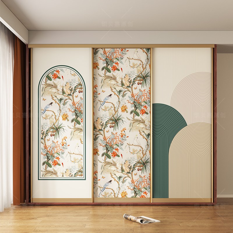 美式复古衣柜玻璃门改造贴纸翻新装饰民宿衣橱推拉门布置自粘壁纸