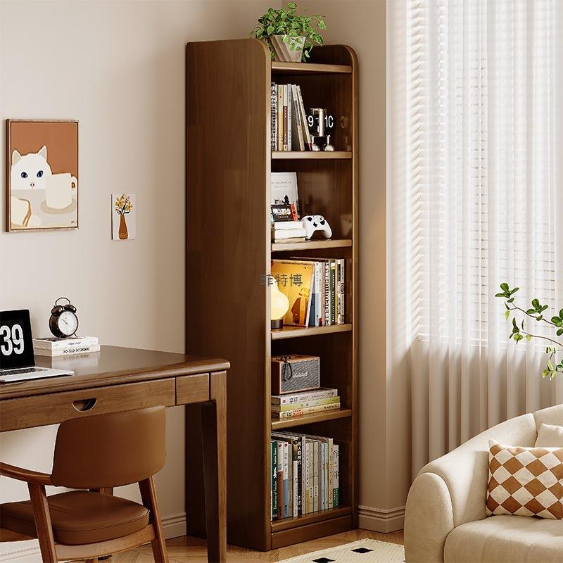 全实木书架落地置物架一体靠墙胡桃木色窄缝收纳储物柜子家用书柜