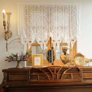 法式复古蕾丝帘头枝蔓咖啡帘蝴蝶结半帘门帘免打孔穿杆粘贴窗帘