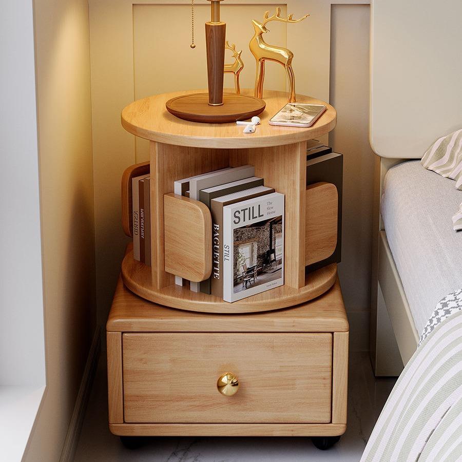家用卧室可旋转移动带滚轮床头柜小户型床边多层置物架实木小书架