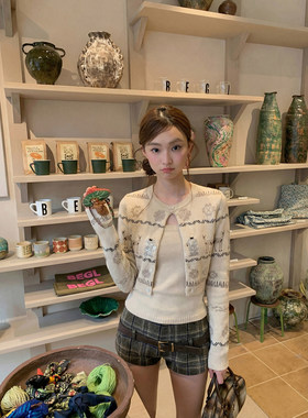 77 space费尔岛提花针织开衫女季毛衣外套短款上衣吊带背心两件套