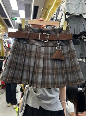 学院风覆古格纹百褶半身裙女2025秋冬新款高腰显瘦A字短裙555M