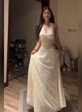 法式网纱提花V领挂颈洋装女装夏季海边度假气质收腰礼服长裙子