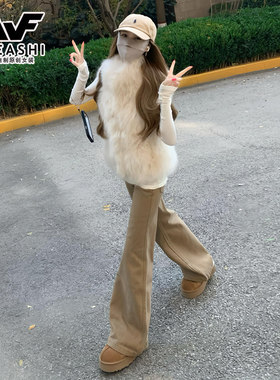 卡其色美式微喇牛仔裤女2026新款加绒低腰辣妹复古不贴腿微喇裤子