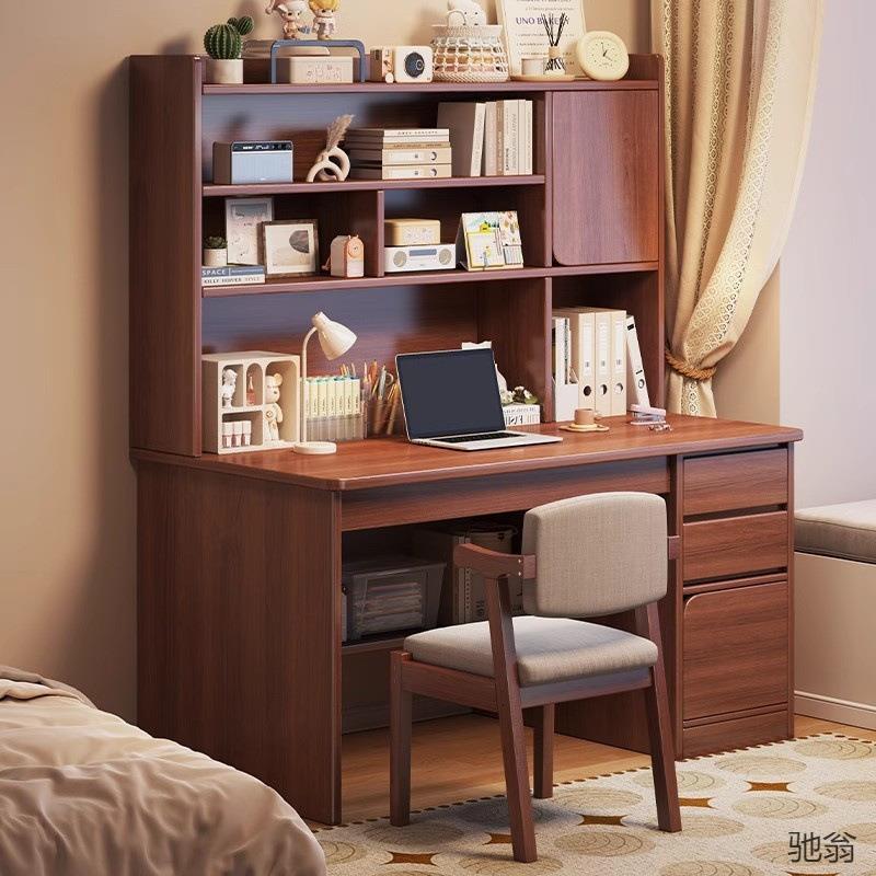 实木书桌学生家用学习写字桌卧室书架一体桌子书柜抽屉成人电脑桌