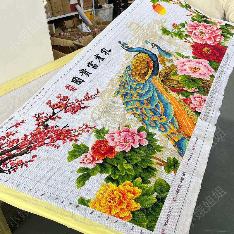 孔雀十字绣成品不带框纯手工出售绣好的2025新款高端客厅牡丹花卉