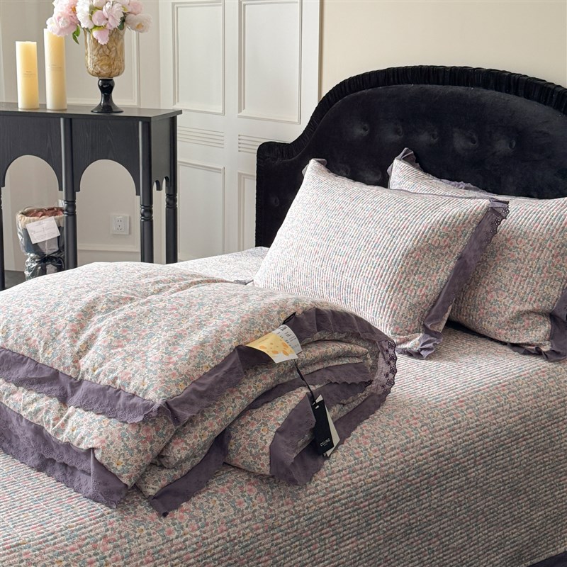 韩式田园风A面全k棉B面防滑布床盖四件套同款被套绗缝夹棉床单炕