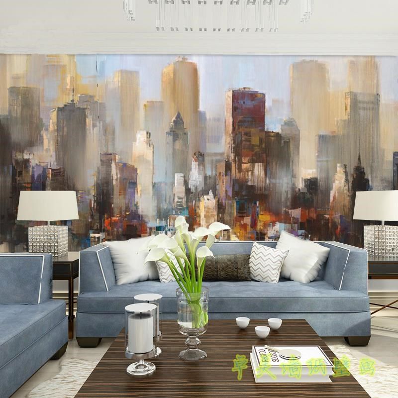 个性抽象城市油画壁纸复古电视沙A发客厅背景墙壁画酒店墙纸墙布3