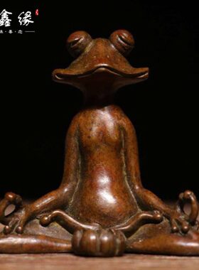 纯铜手工仿古实心紫铜茶宠小物件 参禅青蛙打坐莲花香插 茶道摆件