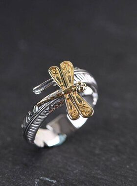 银时尚羽毛银风泰925金色男女欧美指环潮人蜻蜓开口戒指气质复古