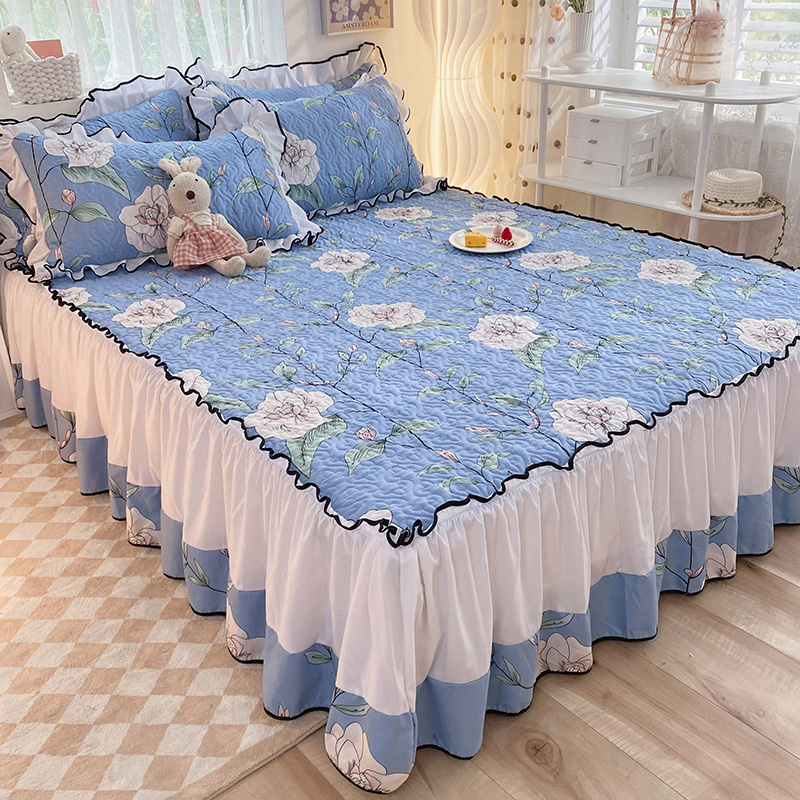 加厚磨毛夹棉缝h纫床裙床罩单件防滑垫子四季花边床单三件套四件