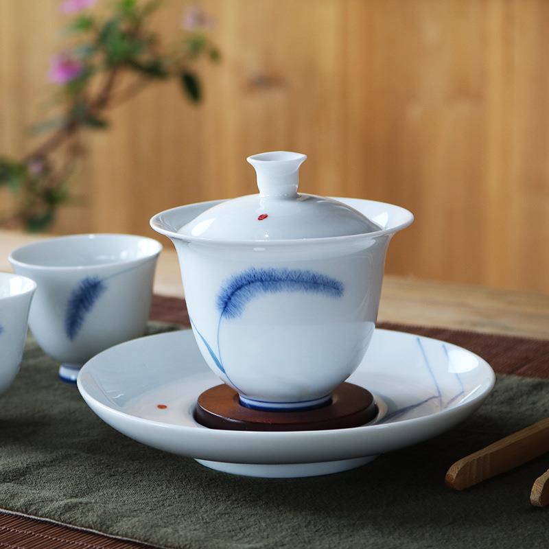 艺虹陶瓷 工笔精工绘制狗尾巴草大号防烫三才盖碗配壶承