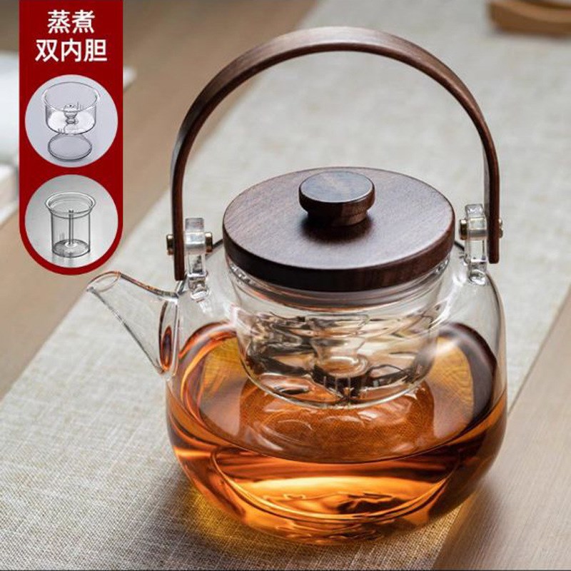 高硼硅玻璃茶e壶家用电陶炉煮茶器蒸煮两用烧水壶提梁壶胡桃木把