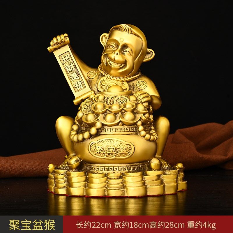 金猴献宝铜猴子摆件纯铜聚宝盆福袋猴客I厅办公室象上封猴生肖福