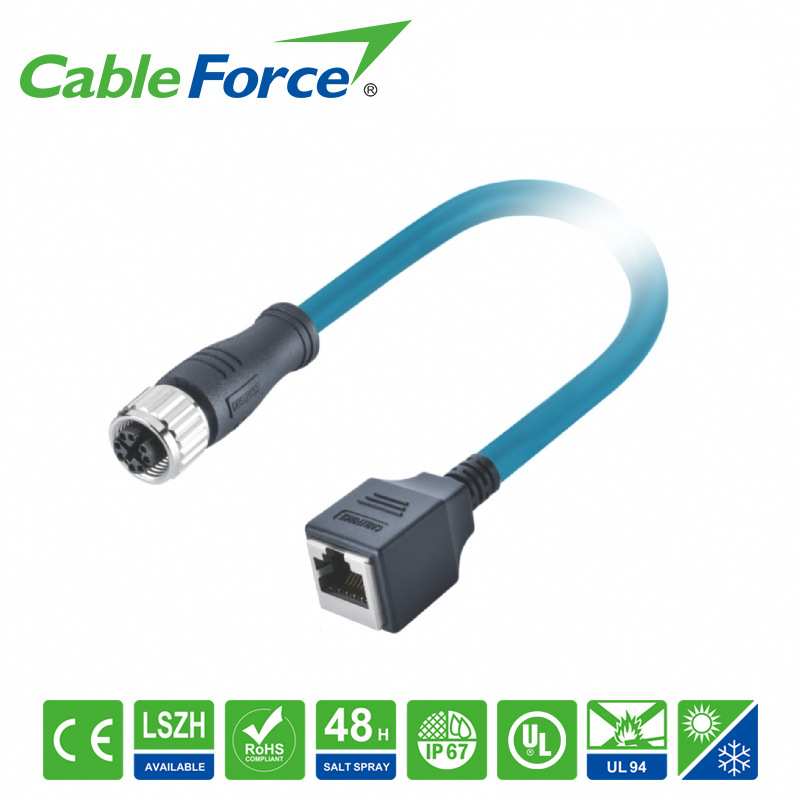 IEC M12 8pin X-Code 公直头+RJ45母头屏蔽型防水航空插头2M