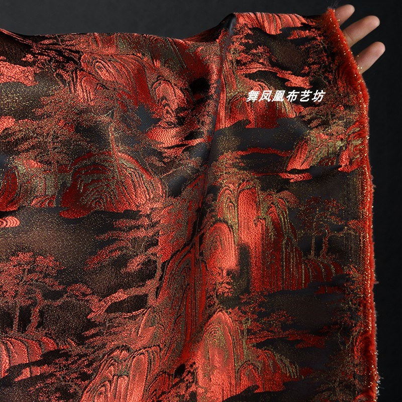 黑红色 山水风景织锦缎提花鎏金面料 双色复古P外套马甲新中式布