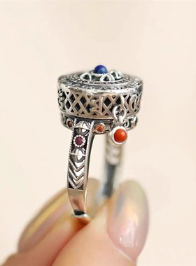 复古金刚杵六字真言小转筒t转运戒指旋转指环简约文艺范可调节手