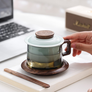 陶瓷咖啡杯胡桃木碟子搅拌勺定制LOG 玻璃过滤杯 创意时尚 茶咖f杯