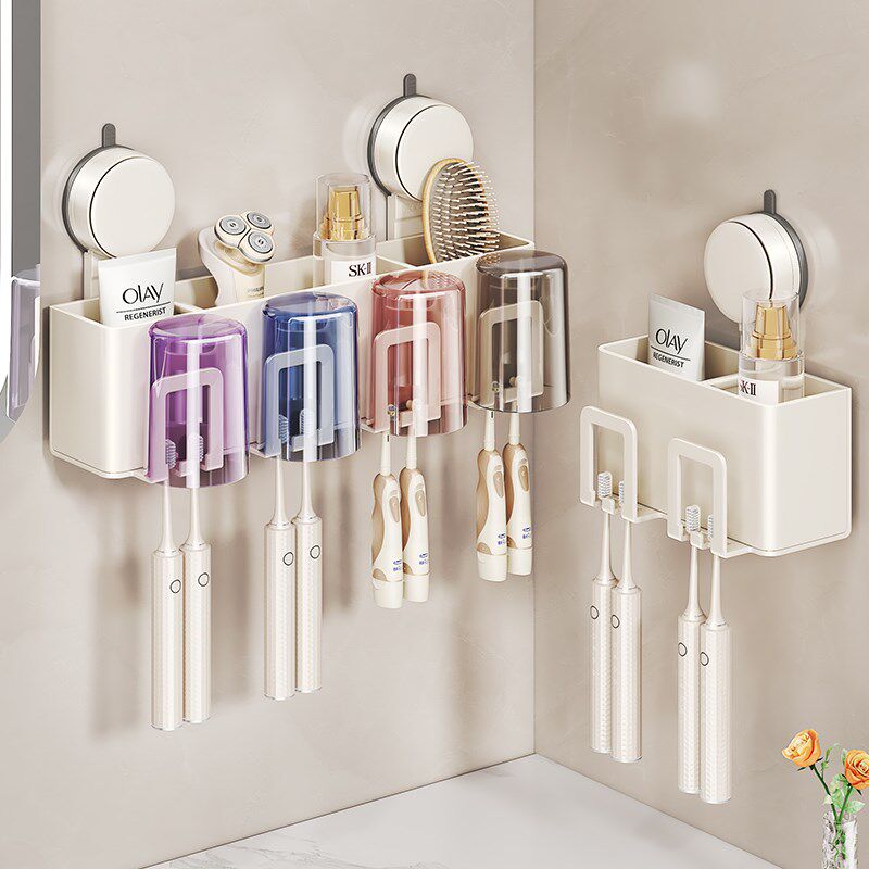 日式精工 吸盘牙刷置物架浴室免打孔E化妆室壁挂艺术漱口杯收纳层