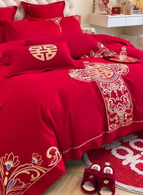中式龙凤刺绣大红色婚庆四件套新婚陪嫁纯棉六件床单被套床上用品