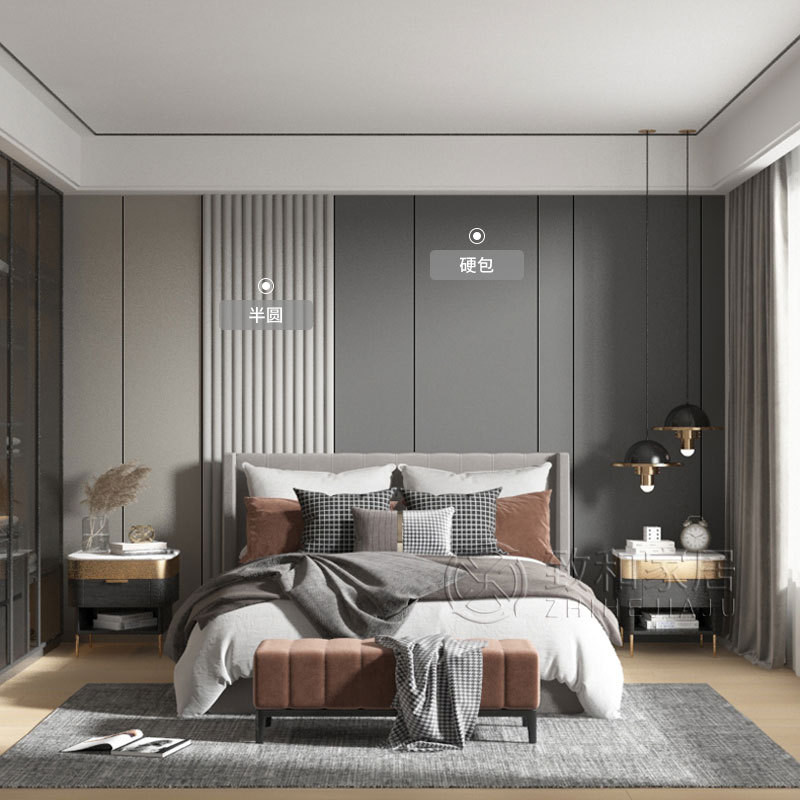 现代硬包轻奢卧室背景墙床头半圆柱客H厅沙发电视软包影视墙金属