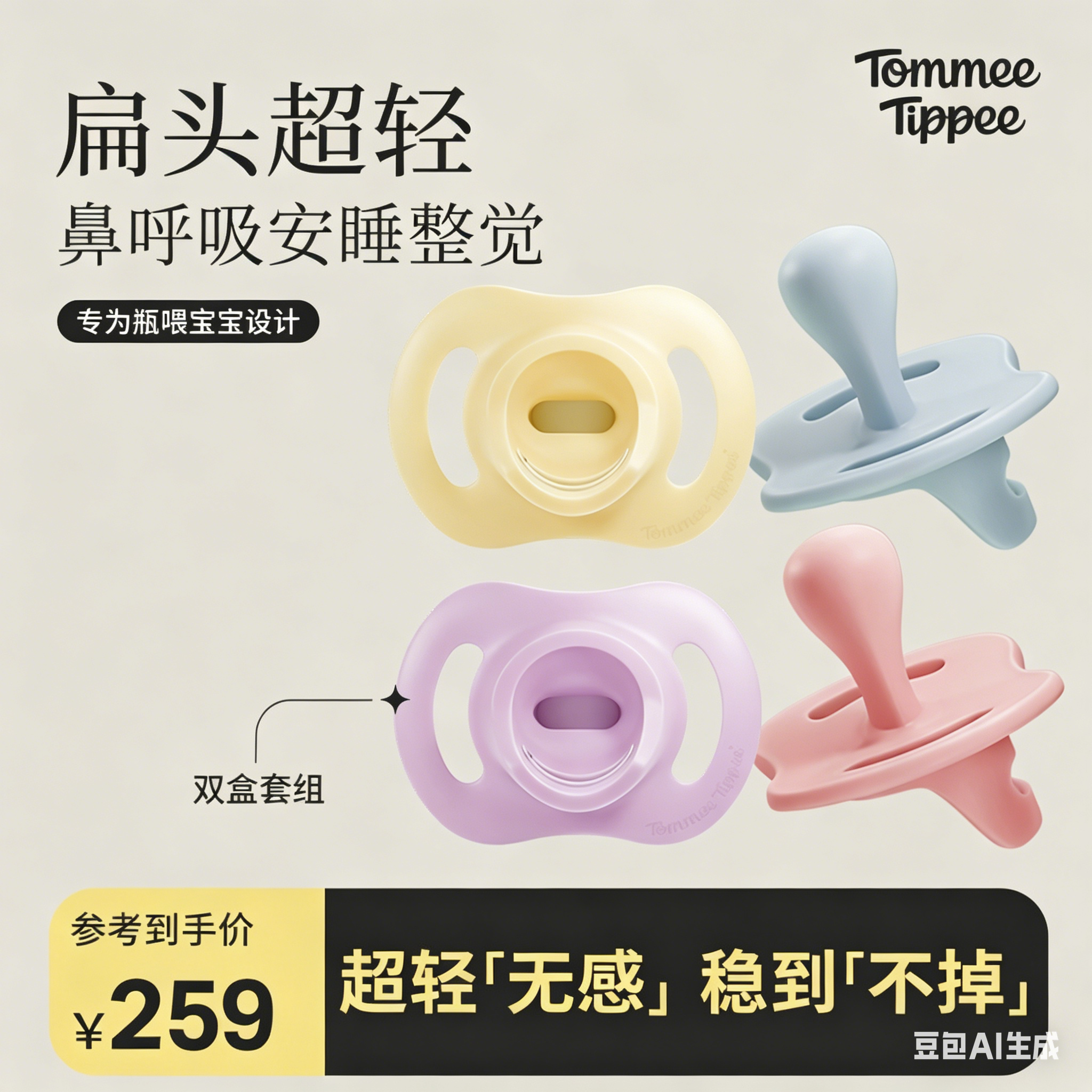 汤美星宝宝安抚奶嘴0-6月防胀气扁头超轻4个装0-18月官方旗舰店
